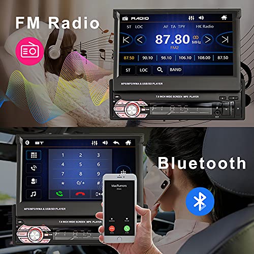 UNITOPSCI Single Din Car Stereo Car Radio with 7" Auto Retractable HD Touch Screen Car MP5 Player with Bluetooth FM Radio Mirror Link Head Unit Support TF USB AUX in Remote Control Backup Camera SWC