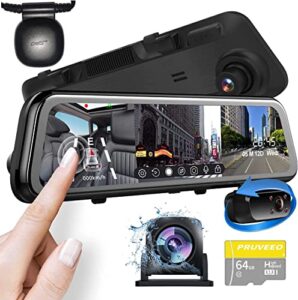 pruveeo 3 channel mirror dash cam, 1440p+1080p+1080p front inside and rear, 12” full touch screen rear view mirror camera, ir night vision(sony sensor), gps, parking monitor, with 64gb card