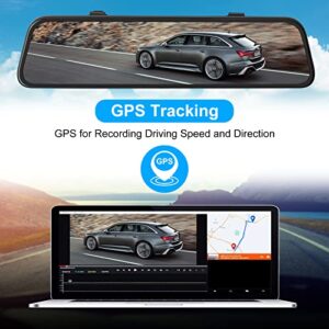 PRUVEEO 3 Channel Mirror Dash Cam, 1440P+1080P+1080P Front Inside and Rear, 12'' Full Touch Screen Rear View Mirror Camera, IR Night Vision(Sony Sensor), GPS, Parking Monitor, with 64GB Card