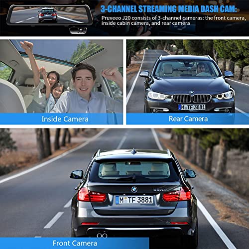 PRUVEEO 3 Channel Mirror Dash Cam, 1440P+1080P+1080P Front Inside and Rear, 12'' Full Touch Screen Rear View Mirror Camera, IR Night Vision(Sony Sensor), GPS, Parking Monitor, with 64GB Card