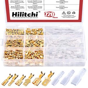 hilitchi 720pcs gold quick splice male and female wire spade connector wire crimp terminal block with insulating sleeve for electrical wiring car audio speaker, 2.8mm 4.8mm 6.3mm assortment kit
