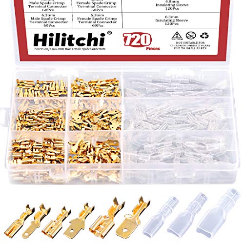 Hilitchi 720Pcs Gold Quick Splice Male and Female Wire Spade Connector Wire Crimp Terminal Block with Insulating Sleeve for Electrical Wiring Car Audio Speaker, 2.8mm 4.8mm 6.3mm Assortment Kit