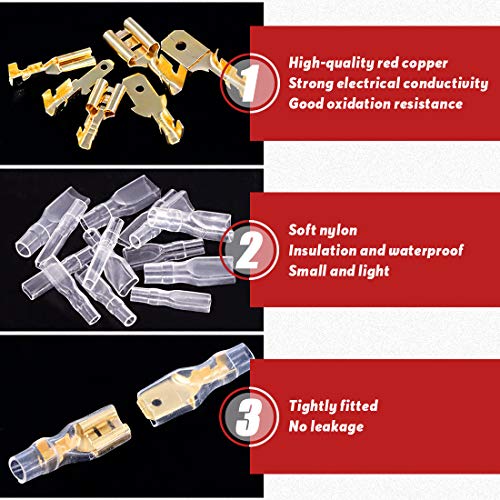 Hilitchi 720Pcs Gold Quick Splice Male and Female Wire Spade Connector Wire Crimp Terminal Block with Insulating Sleeve for Electrical Wiring Car Audio Speaker, 2.8mm 4.8mm 6.3mm Assortment Kit
