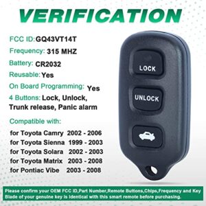 Beefunny Remote Control Car Key Fob 315MHz for Toyota Camry Solara 2002-2006 FCC ID: GQ43VT14T (1)