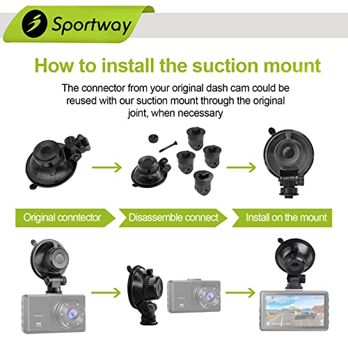 Sportway S504 Suction Cup Dash Cam Mount Holder (5th Gen) with 4pcs 360 Rotating Joints for Apeman Ssontong Biuone iZEEKER HaHoco and Most Other Car Dash Cameras