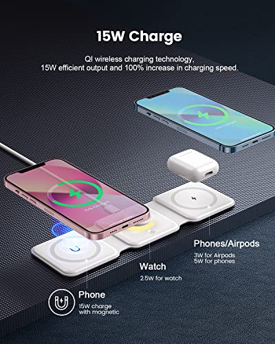 CYBORIS Wireless Charger 3 in 1, 15W Charging Station Magnetic Foldable, Wireless Charging Station for Multiple Devices Compatible with iPhone, Samsung, AirPods 3/2/Pro, iWatch (Adapter Included)