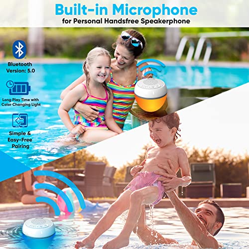 Pyle Floating Pool Speaker w/Lights Show, Waterproof Bluetooth Speaker, IP68, Crystal Clear Sound Quality, Surround Stereo Sound, Wireless 50 ft Range, for Shower, Hot Tub, Beach, Travel (White)