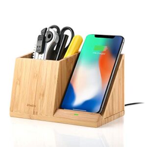 veelink bamboo wireless charger with organizer wood wireless charging station iphone se 2020/11/xs max/xr/xs/x/8/8, samsung s20/s10/s9/s8/note 10(standard)