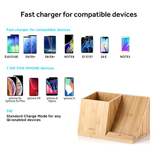 Veelink Bamboo Wireless Charger with Organizer Wood Wireless Charging Station iPhone SE 2020/11/Xs MAX/XR/XS/X/8/8, Samsung S20/S10/S9/S8/Note 10(Standard)