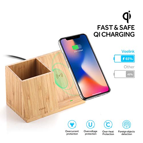 Veelink Bamboo Wireless Charger with Organizer Wood Wireless Charging Station iPhone SE 2020/11/Xs MAX/XR/XS/X/8/8, Samsung S20/S10/S9/S8/Note 10(Standard)