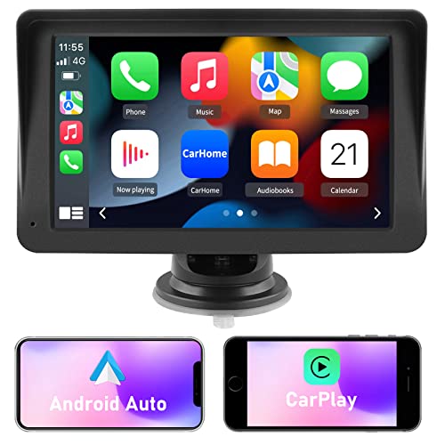 Portable Wireless Apple Carplay and Android Auto Car Radio Stereo, 7 inches IPS Touchscreen Multimedia Player & Bluetooth 5.0 Audio Hands Free Calling, Mirror Link/GPS/Siri