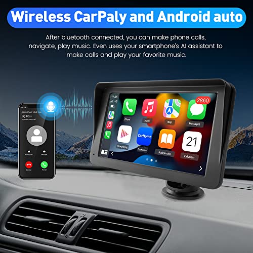 Portable Wireless Apple Carplay and Android Auto Car Radio Stereo, 7 inches IPS Touchscreen Multimedia Player & Bluetooth 5.0 Audio Hands Free Calling, Mirror Link/GPS/Siri