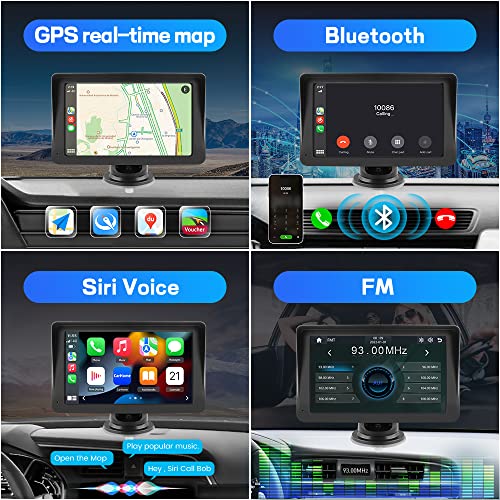 Portable Wireless Apple Carplay and Android Auto Car Radio Stereo, 7 inches IPS Touchscreen Multimedia Player & Bluetooth 5.0 Audio Hands Free Calling, Mirror Link/GPS/Siri