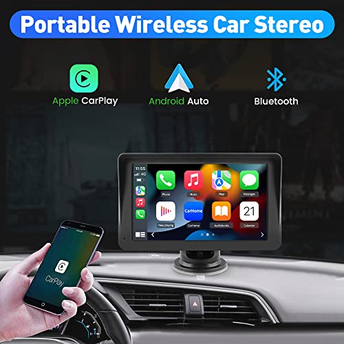 Portable Wireless Apple Carplay and Android Auto Car Radio Stereo, 7 inches IPS Touchscreen Multimedia Player & Bluetooth 5.0 Audio Hands Free Calling, Mirror Link/GPS/Siri