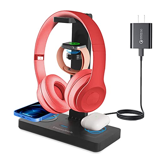 PloutoRich Headphone Stand Headset Holder Hanger Hook with USB Charger, Gaming Headset Stand for All Headsets, 4 in 1 Charging Station for Apple Products, iPhone/iWatch/Airpods/Airpods Max Stand