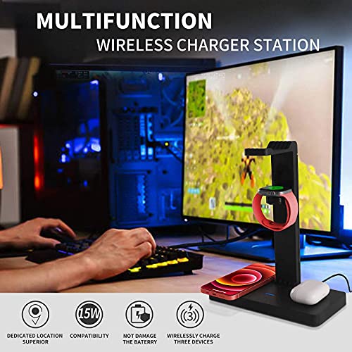 PloutoRich Headphone Stand Headset Holder Hanger Hook with USB Charger, Gaming Headset Stand for All Headsets, 4 in 1 Charging Station for Apple Products, iPhone/iWatch/Airpods/Airpods Max Stand