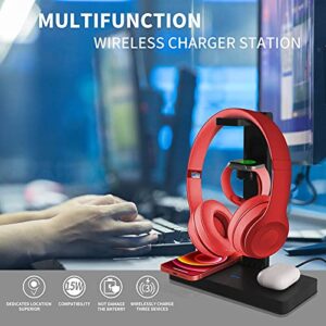 PloutoRich Headphone Stand Headset Holder Hanger Hook with USB Charger, Gaming Headset Stand for All Headsets, 4 in 1 Charging Station for Apple Products, iPhone/iWatch/Airpods/Airpods Max Stand