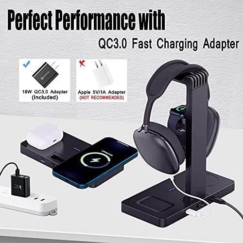 PloutoRich Headphone Stand Headset Holder Hanger Hook with USB Charger, Gaming Headset Stand for All Headsets, 4 in 1 Charging Station for Apple Products, iPhone/iWatch/Airpods/Airpods Max Stand