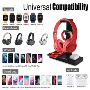 PloutoRich Headphone Stand Headset Holder Hanger Hook with USB Charger, Gaming Headset Stand for All Headsets, 4 in 1 Charging Station for Apple Products, iPhone/iWatch/Airpods/Airpods Max Stand