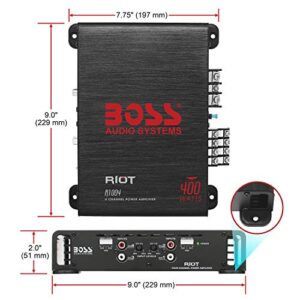 BOSS Audio Systems R1004 4 Channel Car Amplifier – Riot Series, 400 Watts, Full Range, Class A/B, 2 Ohm Stable, IC (Integrated Circuit) Great for Car Speakers and Car Stereos