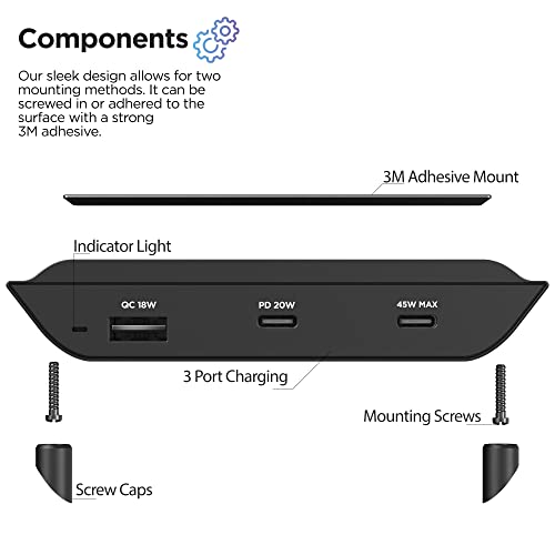 Galvanox USB C Under Desk Charging Hub, Mountable Desktop Power Strip Charger (50W) PD High-Speed Undermount Multi Port Station (2 Type C / 1 Type A)(Apple/Android Phones, Tablets/iPads and MacBooks)