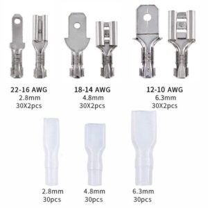 BELLA BAYS 270 Pcs Quick Splice Male and Female Wire Spade Connectors Crimp Terminal Block with Insulating Sleeve Assortment Kit for Electrical Wiring Car Audio Speaker-2.8/4.8/6.3mm