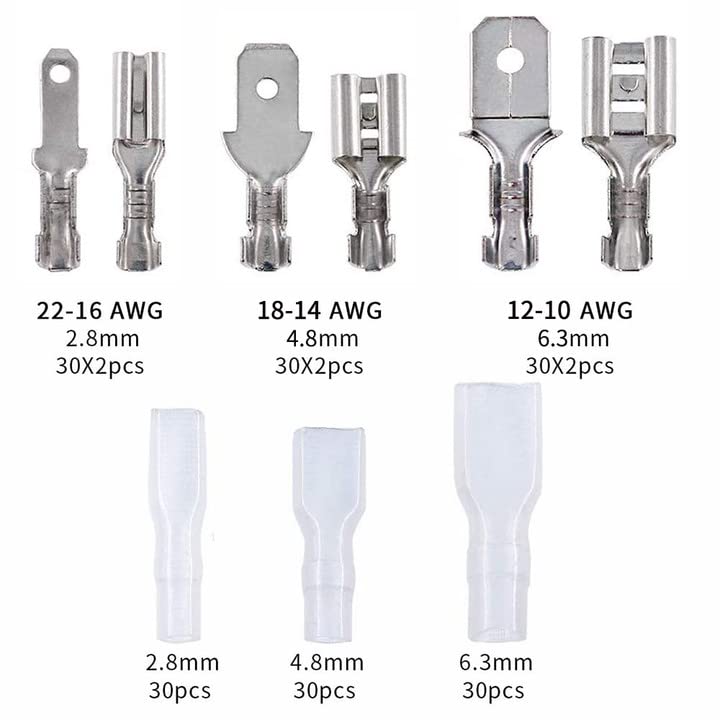 BELLA BAYS 270 Pcs Quick Splice Male and Female Wire Spade Connectors Crimp Terminal Block with Insulating Sleeve Assortment Kit for Electrical Wiring Car Audio Speaker-2.8/4.8/6.3mm