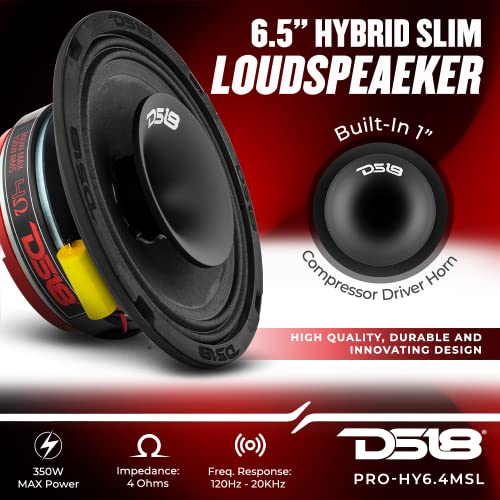 DS18 PRO-HY6.4MSL 6.5" Shallow Hybrid Mid-Range Car Audio Loudspeaker with Built-in Driver and Grill Included 300W Max 150W RMS 4 Ohms (1 Speaker)