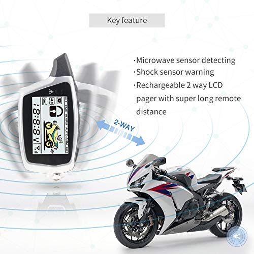 EASYGUARD EM212 2 Way Motorcycle Alarm System with LCD Pager Display Rechargeable Transmitter Built in Shock Sensor & Microwave Sensor Detecting DC12V