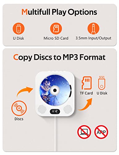 CozySound Portable CD Player Bluetooth for Home, Wall Mountable Desktop Kpop Music Players, Convert CDs to MP3, with Stereo Speakers, Remote, FM Radio, AUX Jack, Support U Disk/TF