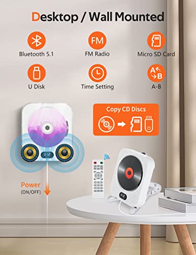 CozySound Portable CD Player Bluetooth for Home, Wall Mountable Desktop Kpop Music Players, Convert CDs to MP3, with Stereo Speakers, Remote, FM Radio, AUX Jack, Support U Disk/TF