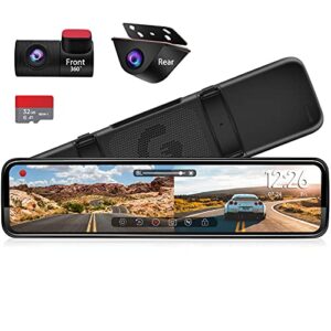 pormido mirror dash cam 12″ with detached front camera,anti glare full touch split screen hd 1296p,car backup rear view mirror camera dual lens with sony sensor,super night vision,parking assistance