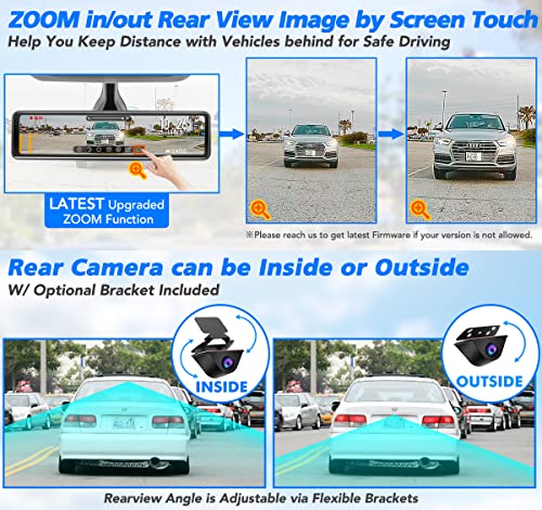 PORMIDO Mirror Dash Cam 12" with Detached Front Camera,Anti Glare Full Touch Split Screen HD 1296P,Car Backup Rear View Mirror Camera Dual Lens with Sony Sensor,Super Night Vision,Parking Assistance