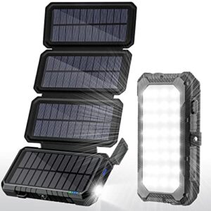 solar charger power bank with 4 solar panels, 26800mah portable solar charger usb-c pd 18w fast charging with camping light sos flashlight, compass/carabiner, solar battery bank for outdoor