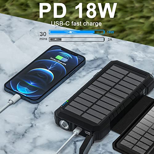 Solar Charger Power Bank with 4 Solar Panels, 26800mAh Portable Solar Charger USB-C PD 18W Fast Charging with Camping Light SOS Flashlight, Compass/Carabiner, Solar Battery Bank for Outdoor