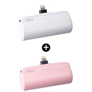 iWALK Mini Portable Charger for iPhone with Built in Cable, 3350mAh Compatible with iPhone 11 pro/Xs/XS Max/XR/X/8/7/6/Plus Airpods(2 Pack Pink and White)