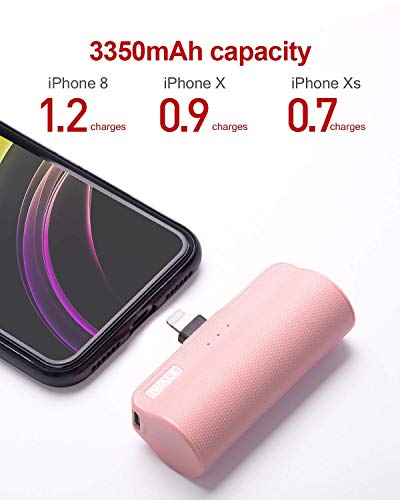 iWALK Mini Portable Charger for iPhone with Built in Cable, 3350mAh Compatible with iPhone 11 pro/Xs/XS Max/XR/X/8/7/6/Plus Airpods(2 Pack Pink and White)