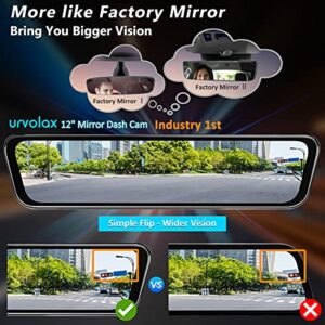 URVOLAX OEM 12" Mirror Dash Cam Voice Control,Car Backup Rear View Mirror Camera with Detached Front Lens,1296P Full HD Digital Rearview Dual Split Screen,Night Vision,Parking Assist,GPS