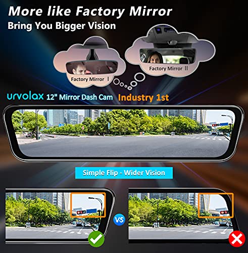 URVOLAX OEM 12" Mirror Dash Cam Voice Control,Car Backup Rear View Mirror Camera with Detached Front Lens,1296P Full HD Digital Rearview Dual Split Screen,Night Vision,Parking Assist,GPS