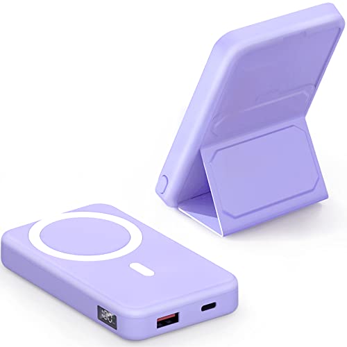 MAKEBETT Magnetic Wireless Power Bank, 10000mAh 22.5W PD Mini Foldable Magsafe Battery Pack with LED Display Wireless Portable Charger Phone Stand and USB-C for iPhone 14/13/12 Series (Purple)