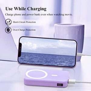 MAKEBETT Magnetic Wireless Power Bank, 10000mAh 22.5W PD Mini Foldable Magsafe Battery Pack with LED Display Wireless Portable Charger Phone Stand and USB-C for iPhone 14/13/12 Series (Purple)