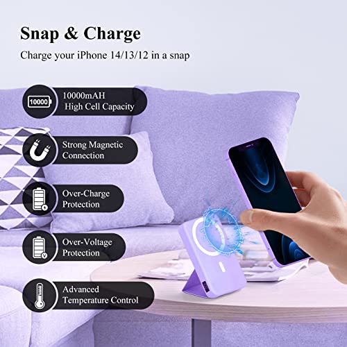 MAKEBETT Magnetic Wireless Power Bank, 10000mAh 22.5W PD Mini Foldable Magsafe Battery Pack with LED Display Wireless Portable Charger Phone Stand and USB-C for iPhone 14/13/12 Series (Purple)