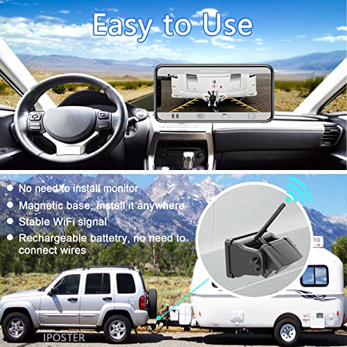 Magnetic Wireless Rechargeable Backup Camera - IPOSTER WiFi Backup Camera with Battery Night Vision Easy for Hitching Horse Gooseneck Boat Travel Trailer RV Fifth Wheels Camper for iPhone iPad Android