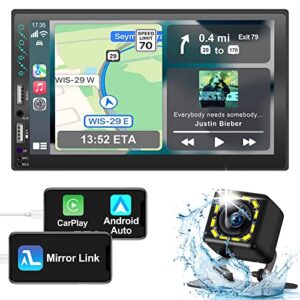 double din car stereo radio voice control apple carplay & android auto,7in hd lcd touch screen bluetooth 5.2,mp5 player with mirrorlink,2.1a charge/backup camera,usb/sd a/fm audio receiver,subwoofer
