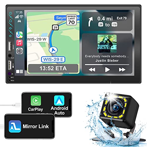 Double Din Car Stereo Radio Voice Control Apple Carplay & Android Auto,7In HD LCD Touch Screen Bluetooth 5.2,MP5 Player with MirrorLink,2.1A Charge/Backup Camera,USB/SD A/FM Audio Receiver,Subwoofer