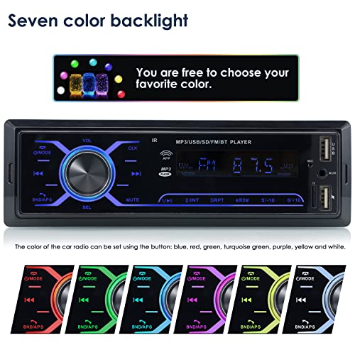 RuiFuDio Single Din Bluetooth Car Stereo FM, Radio Receiver with USB/AUX-in/SD Card Port /USB Support for Playing Music, Hands Free Calling MP3 Player with Wireless Remote Control,7 Lighting Colors