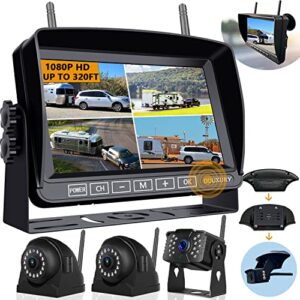 wireless backup camera for rv truck trailer camper digital 3 rear/side view cameras & hd 1080p 4 splits 7″ screen with adapter for furrion pre-wired night vision ip69 waterproof 170° wide view angle