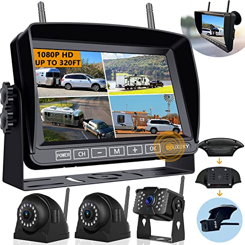 Wireless Backup Camera for RV Truck Trailer Camper Digital 3 Rear/Side View Cameras & HD 1080P 4 Splits 7" Screen with Adapter for Furrion Pre-Wired Night Vision IP69 Waterproof 170° Wide View Angle