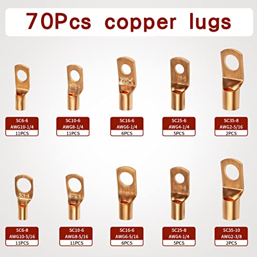 150Pcs Copper Wire Lugs, 70Pcs AWG 2 4 6 8 10 12 Battery Cable Lugs Battery Cable Ends Ring Terminals Connectors with 80pcs Heat Shrink Tubing