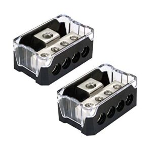 rkurck 4 way power distribution block, 0/2/4 awg gauge in, 4/8/10 gauge out, car audio stereo amp distribution connecting block for audio splitter (1 in 4 out) 2 pack